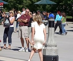 Upskirt, voyeured during photosession of sexy blonde